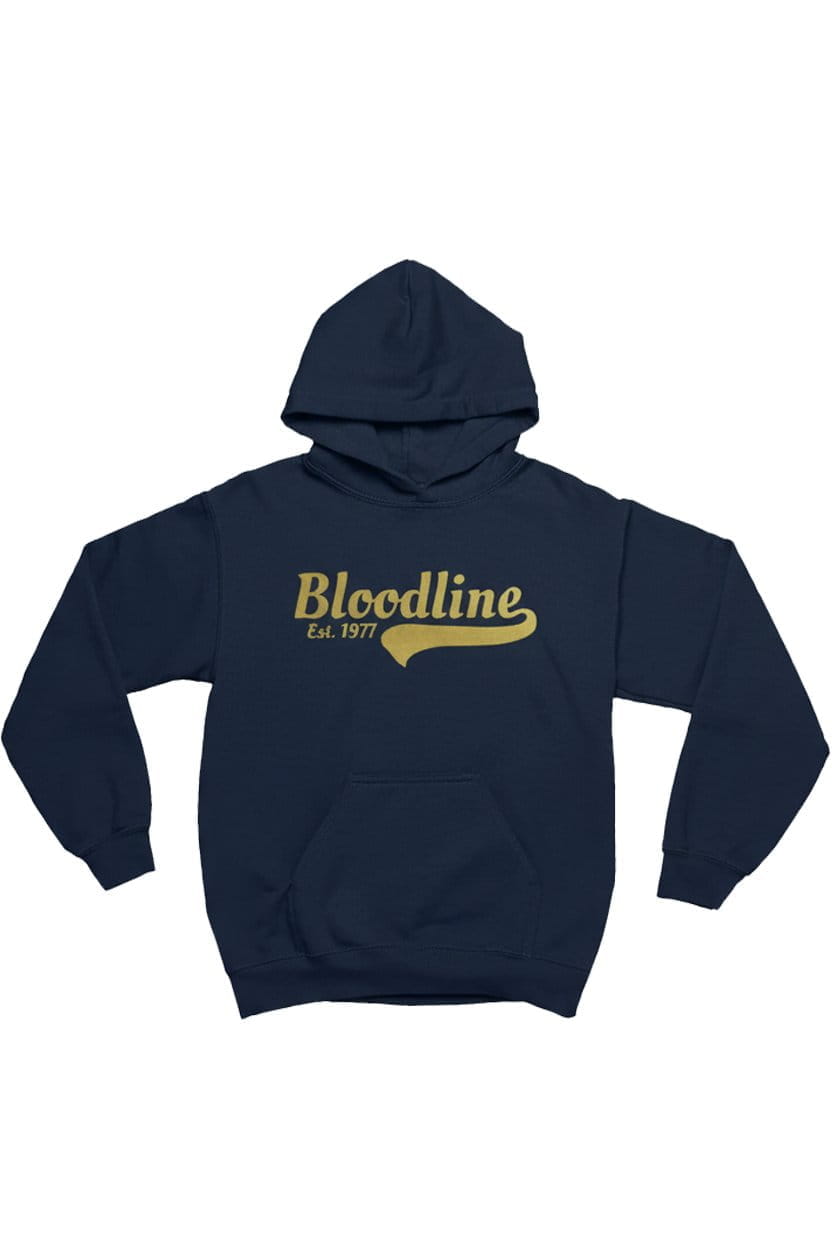 Navy blue hoodie with 'Bloodline' text in gold on a white background